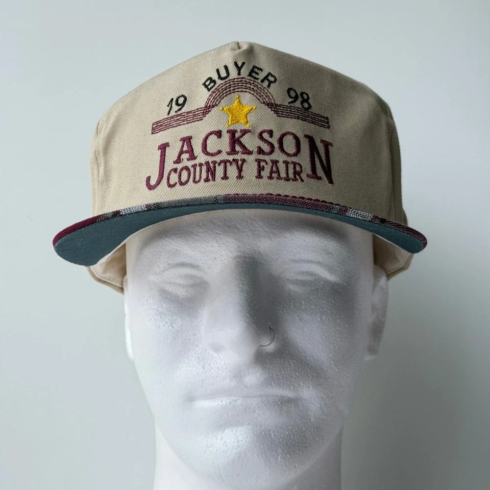 Vintage 1998 Jackson County Fair Snapback Trucker Hat Tan Plaid Made in USA 90s